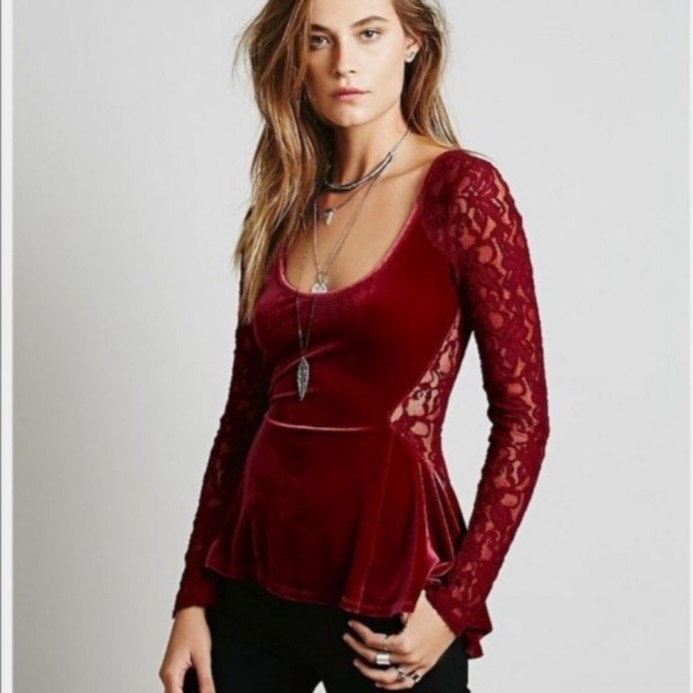 Free People Lolita Velvet Peplum Red Top - M